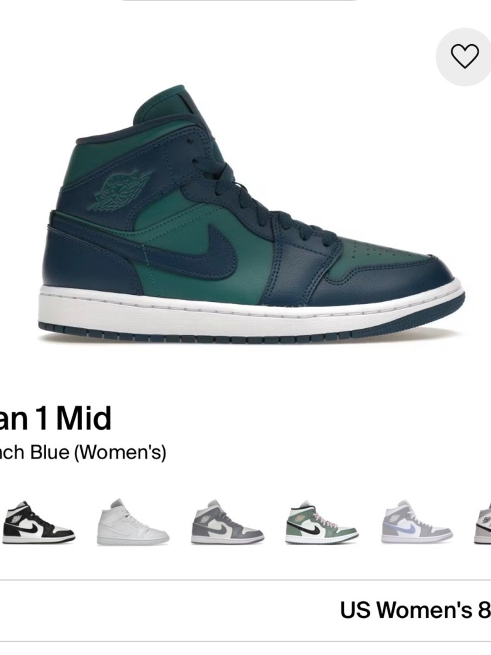 Jordan 1 Mid Womans Teal and Navy Leather Sneaker